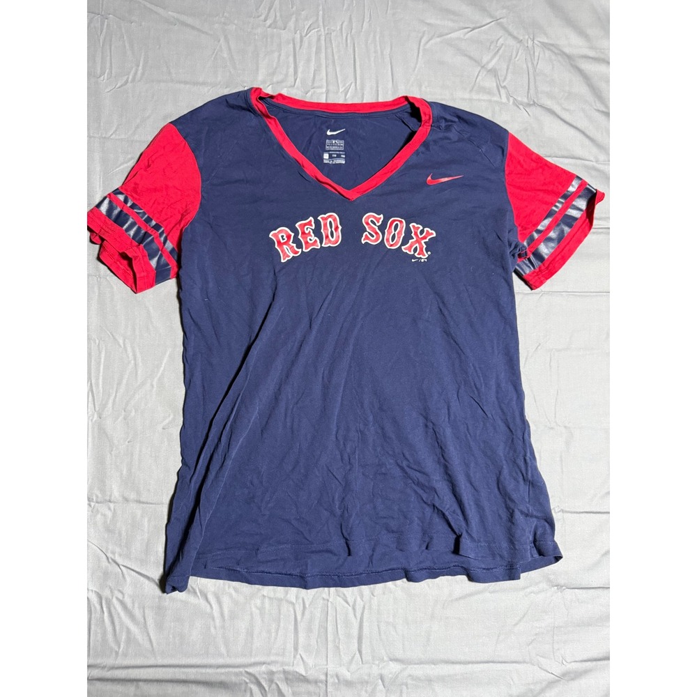 Nike Boston Red Sox T-Shirt Women XXL Blue Good V-Neck Short Sleeve MLB Fan Gear